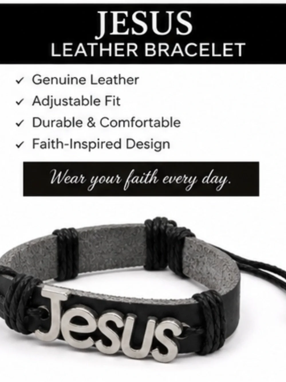 Jesus Adjustable Faith Bracelet | Black Christian Jewelry | New